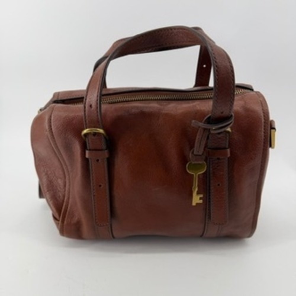 Fossil Sydney Satchel Brown Leather Handbag ZB5486 Antique Brass Key Charm